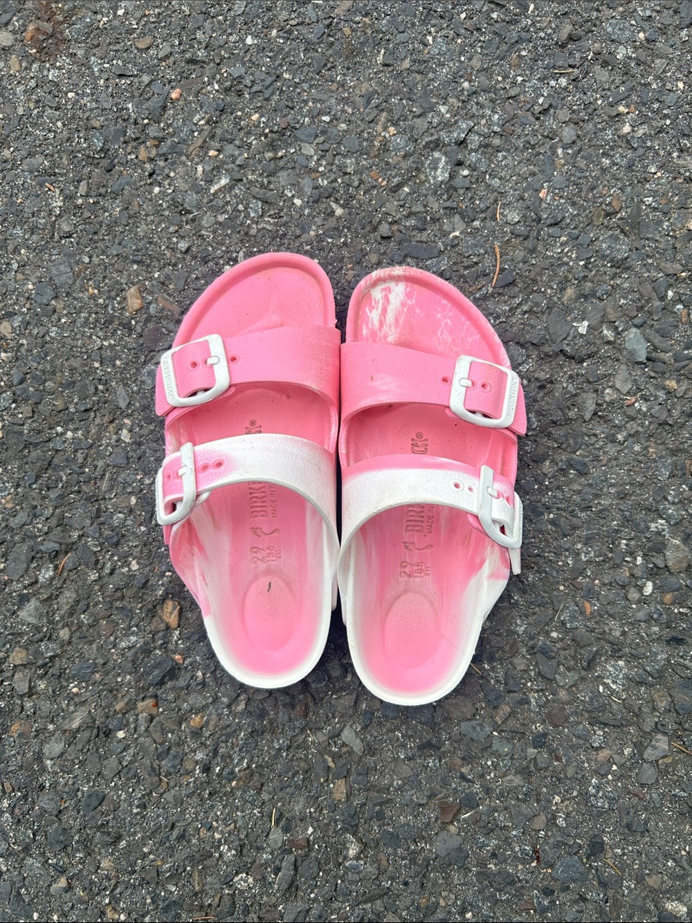 Birkenstock Pink and White Kids Slide Sandals with Buckle Straps